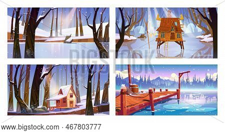 Set Of Winter Landscape Backgrounds With Wooden Houses, Frozen Swamp, Forest Lake And Pier. Shack On