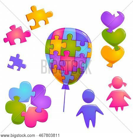 World Autism Day Symbols. Concept Of Mental Health Disease And Developmental Disorders. Vector Carto