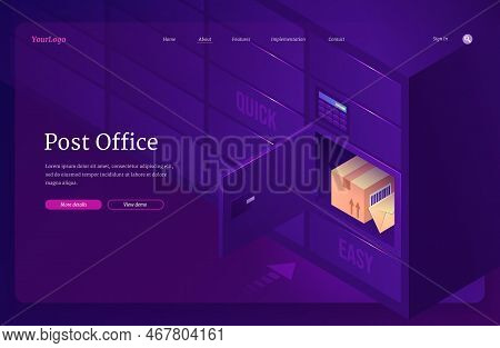 Post Office Isometric Landing Page, Mail Parcel And Envelope Lying In Postamat Or Locker With Digita