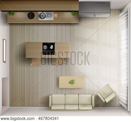 Studio Room Interior With Kitchen Top View. Sofa, Armchair And Coffee Table, Countertop With Sink, D
