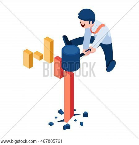 Flat 3d Isometric Businessman Use Hammer To Smashing Financial Chart. Stock Market Manipulation And 