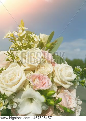 Close Up. Wedding Bouquet Against The Sky.