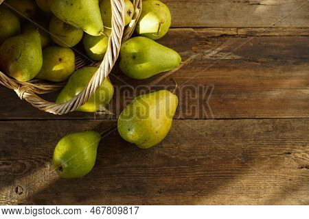 Pears On A Wooden Background. Fruit Harvest. Autumn Still Life. Pear Variety Bera Conference.