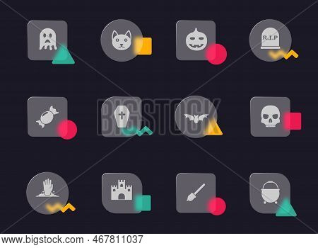 Helloween Glass Morphism Trendy Style Icons. Helloween Transparent Glass Vector Icons With Color Mem
