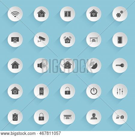 Smart Home Vector Icons On Round Puffy Paper Circles With Transparent Shadows On Blue Background. Sm