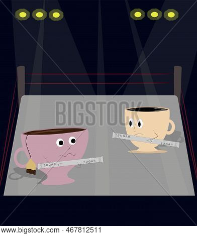 Coffee And Tea Fighting With Sugar On The Scene