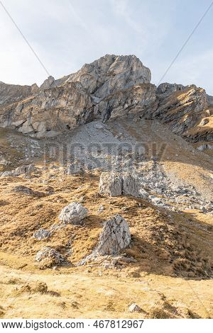 Klausenpass, Uri, Switzerland, October 29, 2022 Fantastic Alpine Landscape Scenery On A Sunny Day In