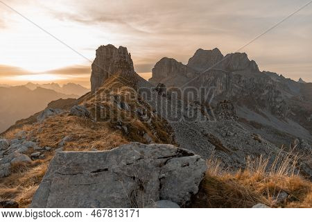 Klausenpass, Uri, Switzerland, October 29, 2022 Sunset With An Incredible Beautiful Alpine Panorama 