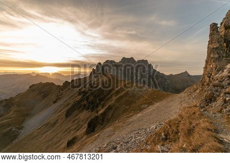 Klausenpass, Uri, Switzerland, October 29, 2022 Sunset With An Incredible Beautiful Alpine Panorama 
