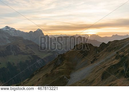 Klausenpass, Uri, Switzerland, October 29, 2022 Sunset With An Incredible Beautiful Alpine Panorama 