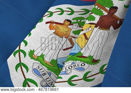 Belize Flag With Big Folds Waving Close Up Under The Studio Light Indoors. The Official Symbols And 