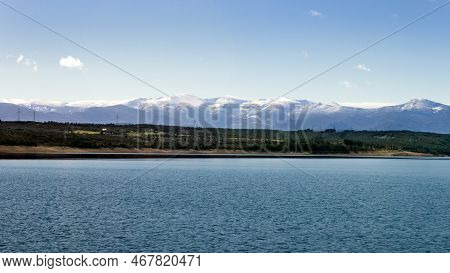 View Of The Barcena Reservoir With The Montes Aquilanos Mountain Range At Background. El Bierzo, Cas