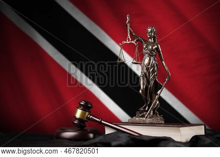 Trinidad And Tobago Flag With Statue Of Lady Justice, Constitution And Judge Hammer On Black Drapery