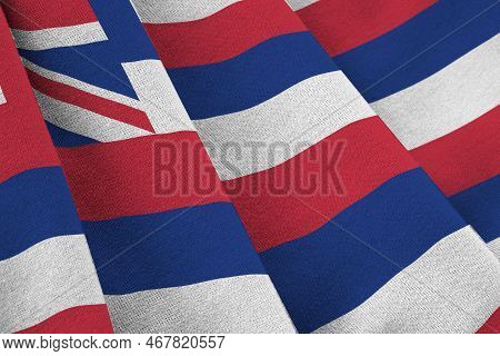 Hawaii Us State Flag With Big Folds Waving Close Up Under The Studio Light Indoors. The Official Sym