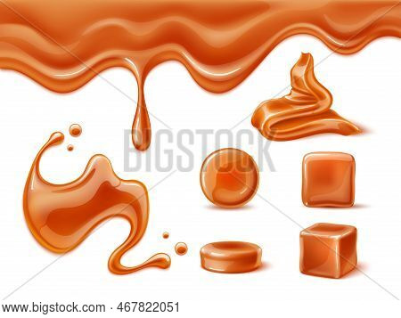 Realistic Caramel. Sweet Dessert Component, Milk And Sugar Candy Base, Melting Liquid, Fluid And Pie