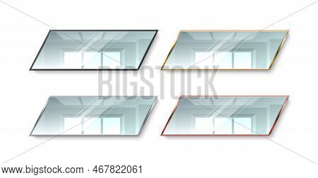 Realistic Mirrors Colors Frames. Different Metal Frames, Gold, Silver And Bronze, Blurry Glass Refle