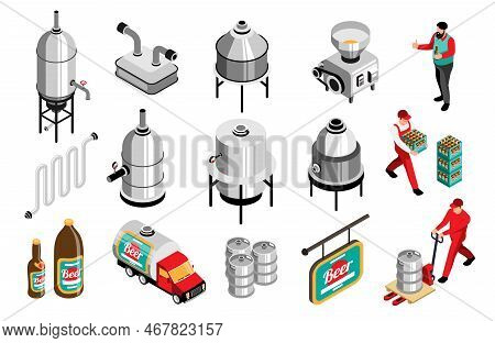 Brewhouse Brewery Equipment Production Workers Isometric Set With Mill Gridder Fermenters Beer Growl