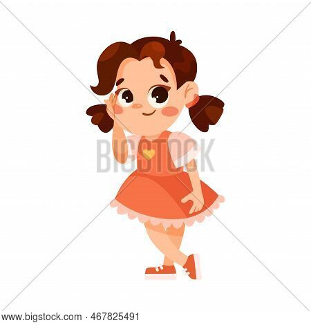 Funny Little Girl In Red Dress Expressing Emotion Flirting Flushed With Red Cheeks Vector Illustrati