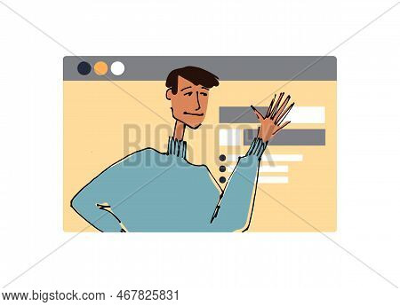 Young Man In Front Of A Computer Screen. Flat Style, Isolated Vector Element