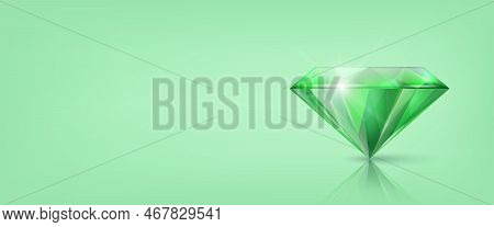 Vector Horizontal Banner With 3d Realistic Green Transparent Triangular Glowing Gemstone, Diamond, C