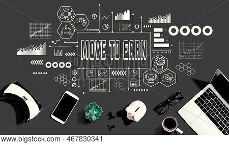 Move To Earn Theme With Electronic Gadgets And Office Supplies - Flat Lay