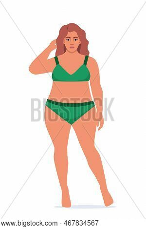Body Positive Woman In Underwear. Plus Size Female Character. Attractive Curvy, Overweight Girl. Ove