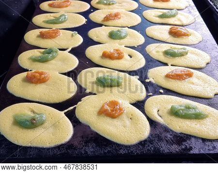 Closeup Of Thai Dessert (tokyo Sweets, Tokyo Desserts, Khanom Tokyo) And Pancakes On A Stove For Str