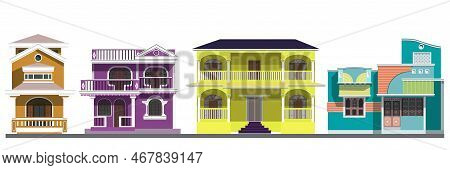 A Set Of Four Houses In India On A White Background Is A Flat Vector Illustration. Colored Houses Wi
