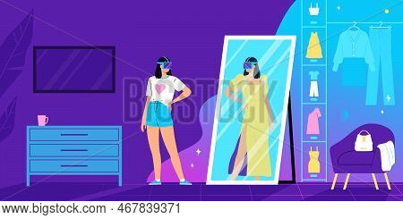 Augmented Reality Horizontal Background With Young Girl In Vr Glasses Trying On Outfits In Virtual S