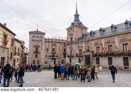 Plaza De La Villa Old Square In Central Madrid, Spain