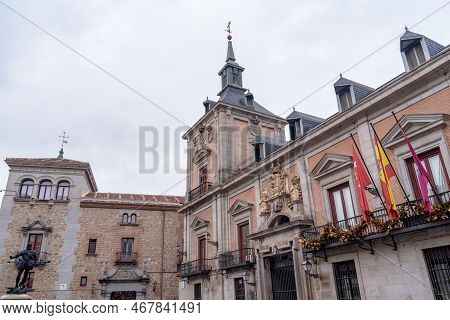 Plaza De La Villa Old Square In Central Madrid, Spain