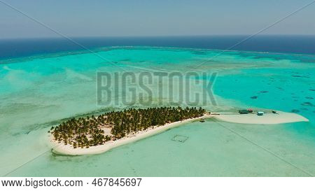 Sand Beach And Tropical Islands By Atoll With Coral Reef, Top View. Onok Island, Balabac, Philippine