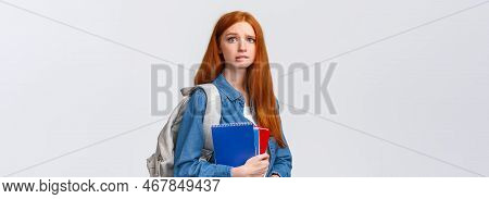Worried Cute And Nervous Redhead Teenage Girl Scared Parents Scold Her For Skipping Class, Biting Li