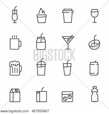 Drinks, Icon Set. Cocktail, Shot, Coffee, Juice, Beer, Soda And Others, Linear Icons. Line With Edit