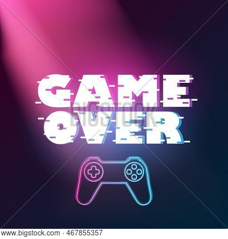 Game Over Poster With Lowpoly Elements. Neon Game Controller. Hree Color Half-shifted Letters. Retro