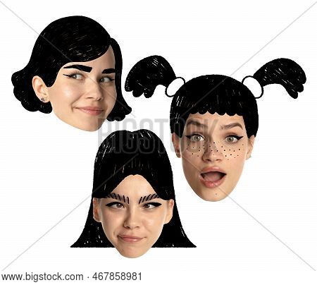 Set Of Young Women Faces, Human Heads With Funny Drawn Haircuts, Hairdo. Curly And Straight, Quads, 