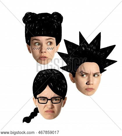 Set Of Young Women Faces, Human Heads With Funny Drawn Haircuts, Hairdo. Curly And Straight, Quads, 