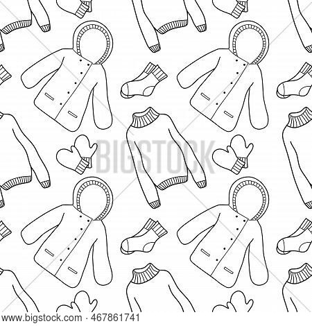 Vector Contur Seamless Pattern Of Winter Clothes