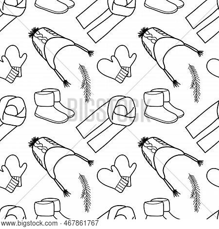 Vector Contur Seamless Pattern Of Winter Clothes