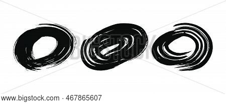 Black Grunge Brush Strokes In Circle Form. Set Of Three Painted Ink Circles. Ink Spot Isolated On Wh