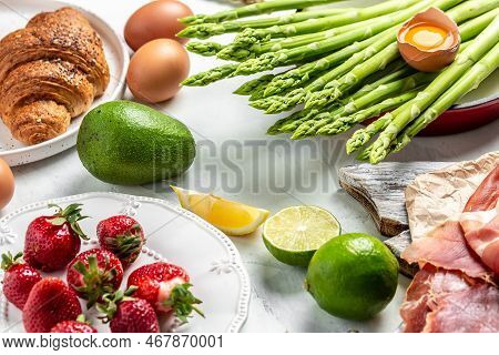 Asparagus. Bunch Of Fresh Asparagus, Jamon, Ham, Prosciutto Pickled Green Asparagus. Close Up. Keto 