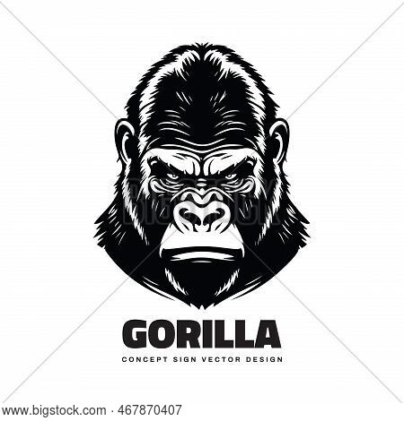Gorilla Head Creative Logo. Aggressive Ape Head Concept One Color Flat Style Logo. White Graphic Dra