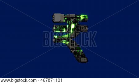 Rupee Sign - Dark Grungy Metal Scrap Font With Lighting Green, Isolated - Object 3d Rendering