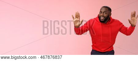 Happy Charming Outgoing African American Male Model Raise Hands Joking Standing Surrender Smiling Gi