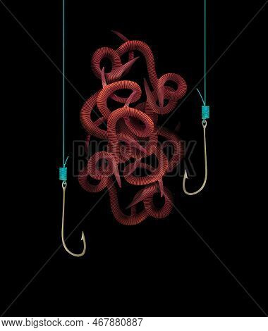A Gathering Of Redworms Used For Fishing Bait Are Seen With Line And Hooks In This 3-d Illustration 