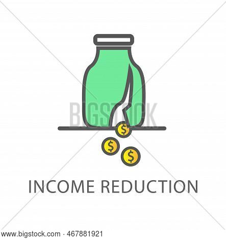 Income Reduction Line Icon. Broken Green Glasswith Gold Coins, Falling Prices And Incomes, Economic 