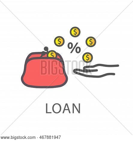 Loan Line Icon. Hand Takes Gold Coins With Purse And Interest. Financial Transactions And Operations