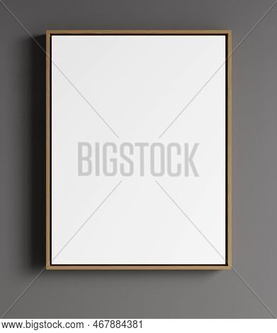 Blank Frame On Gray Wall Mock Up, Vertical Wooden Poster Frame On Wall, Picture Frame Isolated On A 