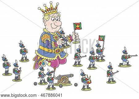 Angry King Playing With Funny Toy Soldiers And Leading His Small Army In An Attack In A Military Gam