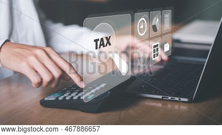 Business People Planning Annual Tax Deduction, Tax Rate Calculation, And Business Financial Budget, 